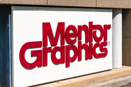 Sep 17, 2020 Fremont / CA / USA - Mentor Graphics logo at their headquarters in Silicon Valley;...