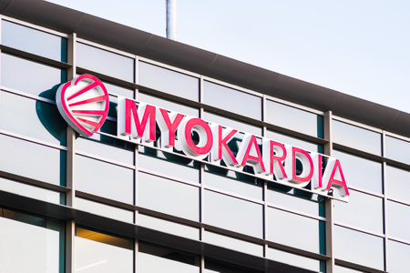 Sep 21, 2020 South San Francisco / CA / USA - MyoKardia logo at their headquarters in Silicon Valley; MyoKardia, Inc., a cardiology company, was acquired by Bristol Myers Squibb (BMS) in October 2020のeditorial素材