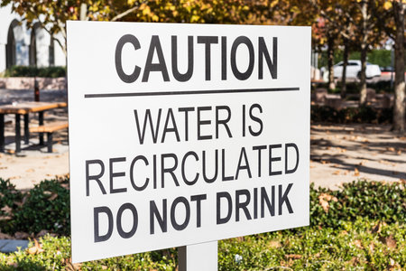Close up of 'Caution / Water is recirculated / do not drink' sign; San Francisco Bay Area,...