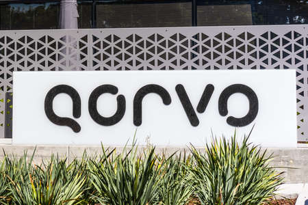 Sep 18, 2020 San Jose / CA / USA - Qorvo sign at their headquarters in Silicon Valley; Qorvo Inc manufactures analog and mixed signal integrated circuits used for wireless communications applicationsのeditorial素材