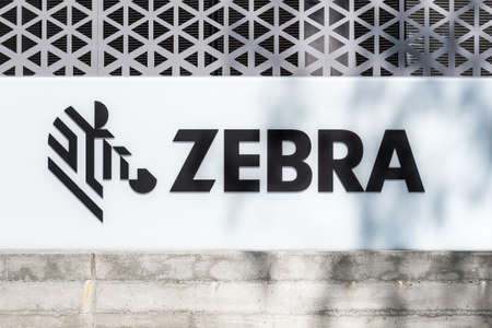 Sep 18, 2020 San Jose / CA / USA - Zebra Technologies logo at their Silicon Valley HQ; Zebra Technologies Corporation manufactures and sells marking, tracking and computer printing technologiesのeditorial素材