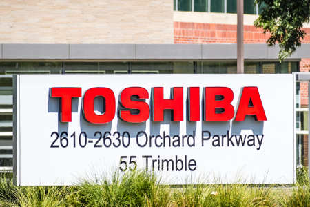 Sep 18, 2020 San Jose / CA / USA - Toshiba logo at the Toshiba America Electronic Components headquarters in Silicon Valley; Toshiba Corporation is a Japanese multinational conglomerateのeditorial素材