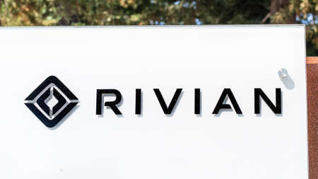 Sep 18, 2020 San Jose / CA / USA - Rivian logo at their Silicon Valley headquarters; Rivian Automotive Inc is an American automaker and automotive technology company that develops electric vehiclesのeditorial素材