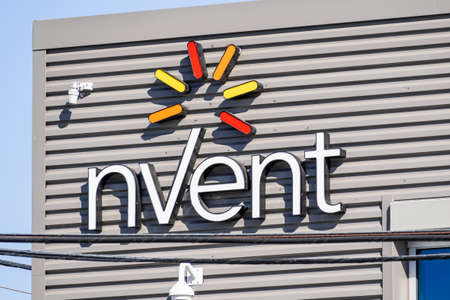 Sep 25, 2020 Redwood City / CA / USA - nVent logo at their headquarters in Silicon Valley; nVent Electric plc operates as an electrical contractorのeditorial素材