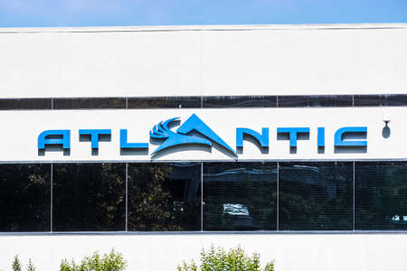 Sep 25, 2020 San Jose / CA / USA - Atlantic logo at their headquarters in Silicon Valley; Atlantic Aviation is an aviation services company that operates a chain of Fixed-Base Operator facilitiesのeditorial素材