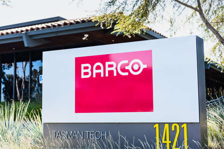 Sep 24, 2020 Milpitas / CA / USA - Barco logo at their headquarters in Silicon Valley; Barco NV is a Belgian technology company that specializes in digital projection and imaging technologyのeditorial素材