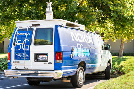 Sep 26, 2020 Mountain View / CA / USA - Nokia van branded with the 5G logo, parked at their Silicon Valley campus; Nokia is offering 5G services to market operators and other clientsのeditorial素材