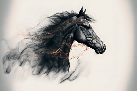 Black horse with black mane and tail in smoke on white backgroundの素材