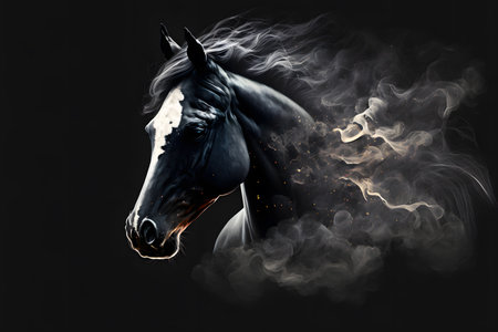 Portrait of a purebred bay stallion in white smoke on black backgroundの素材