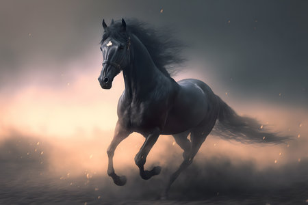 Fantasy black horse galloping in the fog. 3d illustrationの素材