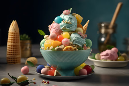 Colorful ice cream in bowl with candies on table, closeupの素材