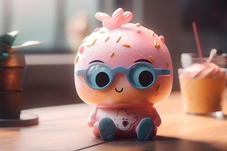Funny 3D pink cupcake with blue eyes, glasses and coffee.の素材