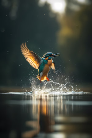 Kingfisher (Alcedo atthis) landing on lakeの素材