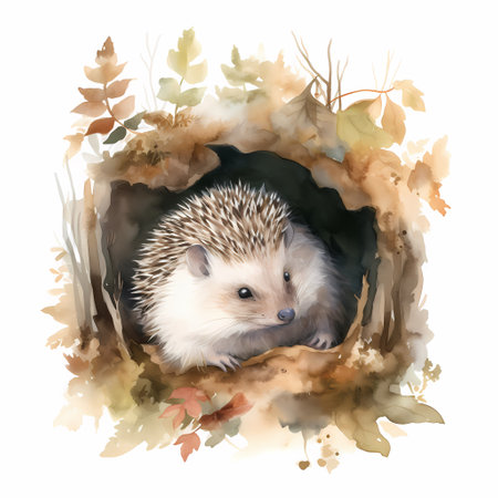 Hedgehog in a hole of autumn leaves. Watercolor illustrationの素材