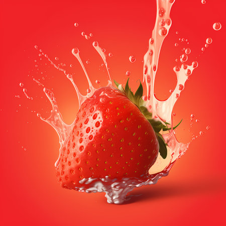 Strawberry with water splash on red background. 3d illustrationの素材