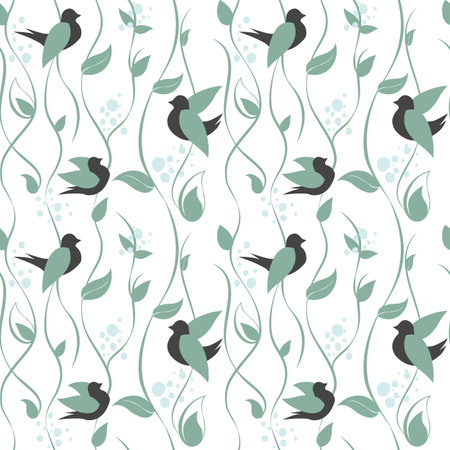 Simple seamless pattern with birds, sterns and leaves. Flat spring pattern with birds and herb. Plant pattern for creative design. Birds, sterns and leaves on white background.のイラスト素材