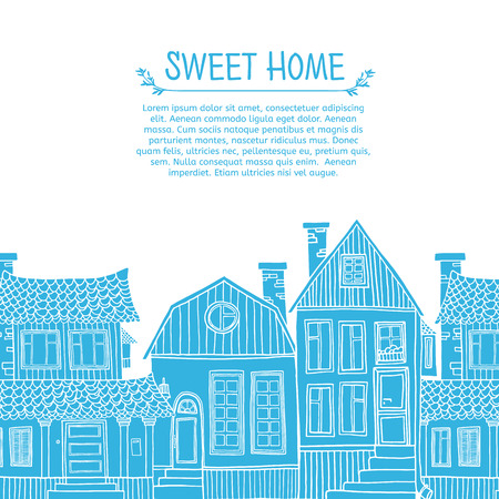 Template greeting card with place for your text. Frame of blue silhouettes of housesのイラスト素材