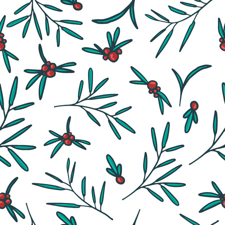 Seamless pattern with red berries, twigs and leaves. White background. Vector.のイラスト素材