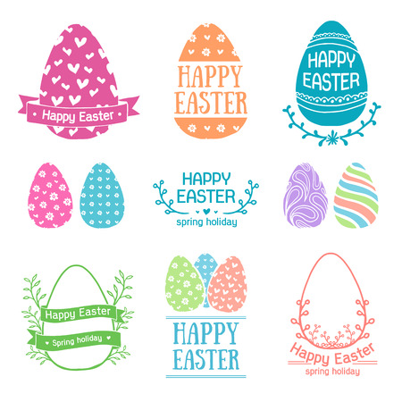 Set of colored logo templates, icons, labels, signs for a happy Easter. Silhouette egg with simple patterns. Pastel colors. Floral elements. Vectorのイラスト素材