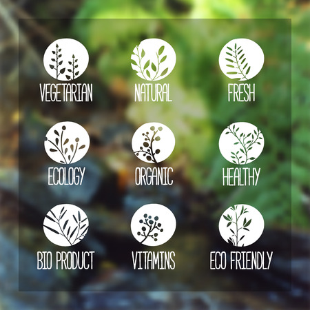 Set of logos, icons, labels, stickers or stamps. Silhouettes of twigs, leaves, plants, berries. Blurred vector background with nature silhouette forest. Vector illustrationのイラスト素材