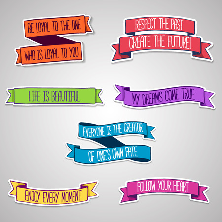 Set of colored stickers. Ribbons with motivating text. Vectorのイラスト素材