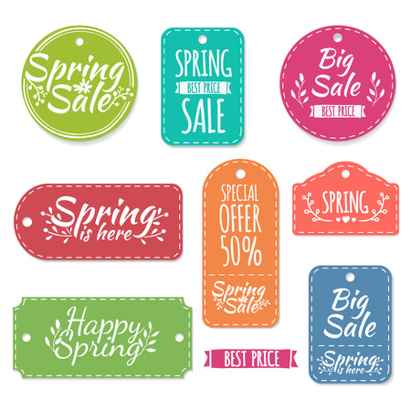 Set of colored spring stickers and coupons. Spring discounts, promotions, offers. Vector. Place for your textのイラスト素材