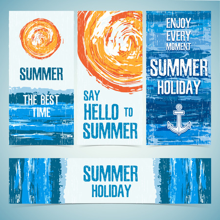 A set of banners, cards, headers for the summer holidays. Texture of water and the silhouette of the sun. Place for your text. Vectorのイラスト素材