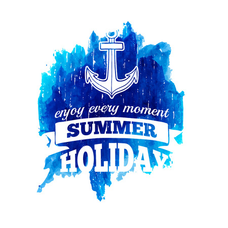 Sign, label or emblem of summer holidays with an anchor on an abstract watercolor blue background. Good fit for the decoration and printed on T-shirts. Grunge texture. Vectorのイラスト素材