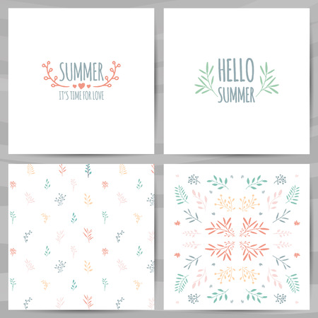 Set of summer cards, invitations, template design. The pattern of leaves, branches, plants and flowers. Pastel colors. Vectorのイラスト素材