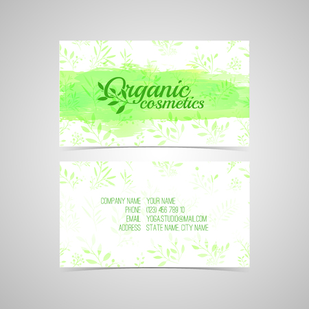 Design template for Organic cosmetics business card with watercolor texture and flower, leaf, herb. Vector. Place for your text.のイラスト素材