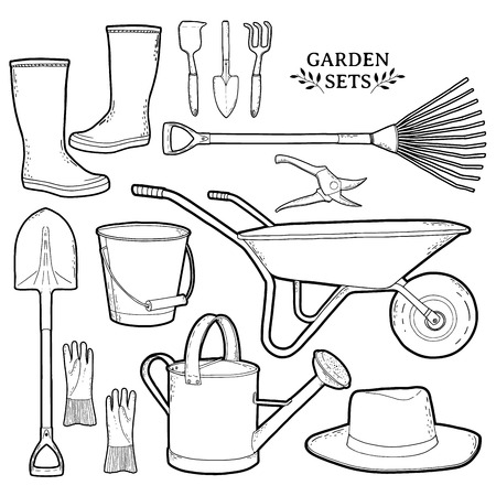 Monochrome set of garden tools. Instruments and hat and wheelbarrow, gloves. Isolated vector.のイラスト素材
