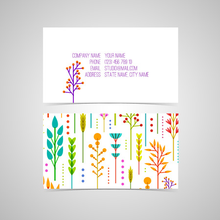 Template design business cards and invitations with a geometric pattern of flowers, plants, twigs, berries in a modern style. Vector. Place for your textのイラスト素材
