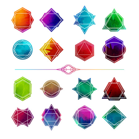 Set minimalist abstract geometric shapes, symbols and logos. Polygon frame, badges, icons with abstract colored background watercolor styleのイラスト素材