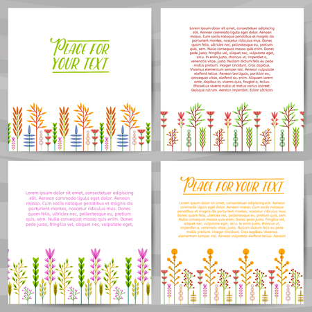 A set of design templates square cards with frame of geometric decoration of flowers, plants, twigs, berries in a modern style. Good for invitations, posters, postcards. Vectorのイラスト素材