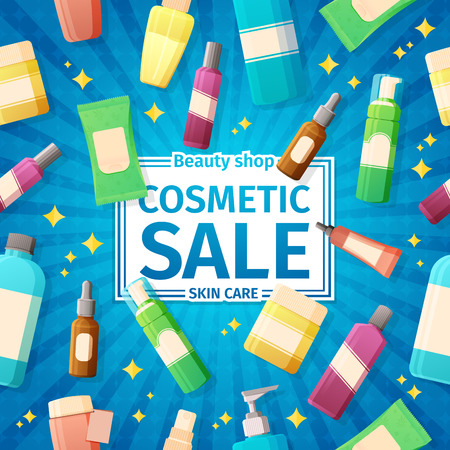 Design posters, brochures and banners on the sale of cosmetics bottles. For sales of cosmetics for skin care. On the bright blue background.のイラスト素材