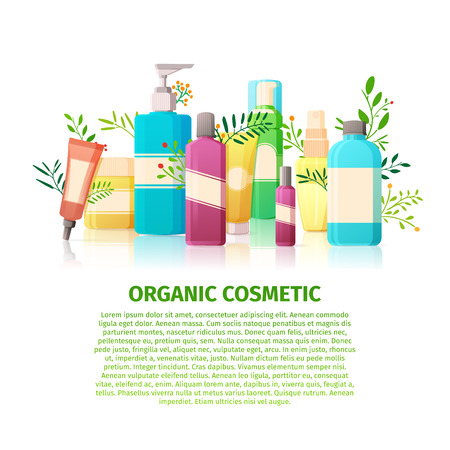 Template design banner, brochures, posters about the organic cosmetics. Nature beauty products for the skin. Cosmetic bottles with floral, plant elementのイラスト素材