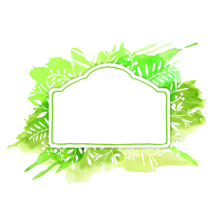 Template design banners posters postcards, cards with summer, spring, natural design. Frame in vintage style with watercolor green background with a pattern of leaves, twigs, natural elements. Vector illustrationのイラスト素材