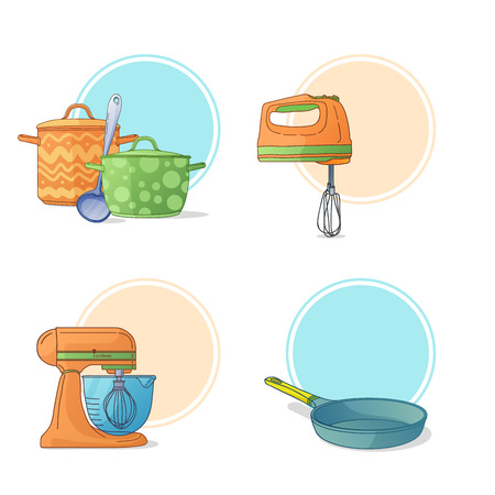 A set of kitchen utensils in a cartoon style. Kitchen tools and appliances for cooking. Labels, stickers, icons pan, blender, frying pan. Kitchen pan. Kitchen mixer. Kitchen pots. Vectorのイラスト素材