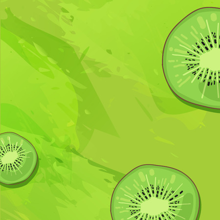 Template design background with kiwi fruit. The back with a slice of kiwi and a watercolor texture. Making for fruit drinks and juices. Place for your text. illustrationのイラスト素材