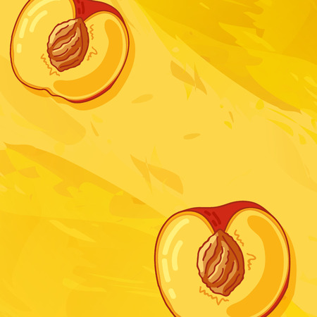 Template design background with peach fruit. The back with a slice of peach and a watercolor texture. Making for fruit drinks and juices. Place for your text. illustrationのイラスト素材