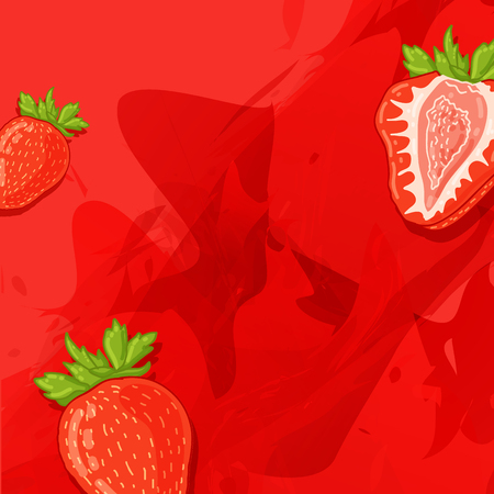 Template design  background with strawberry berry. The back with a slice of strawberry and a watercolor texture. Concept for berry drinks and juices. Place for your text. illustrationのイラスト素材