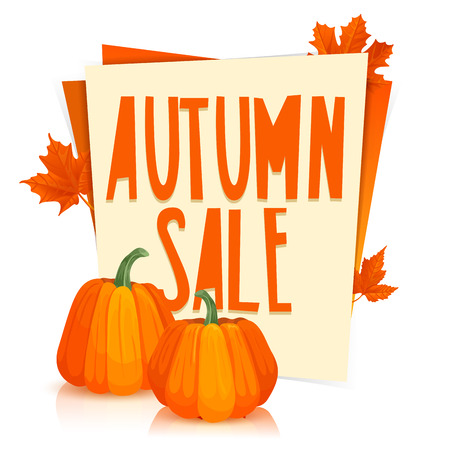 Template Design Poster autumn sale. The poster with the decor of orange maple leaves and pumpkins. Stickers with the autumn offer.のイラスト素材