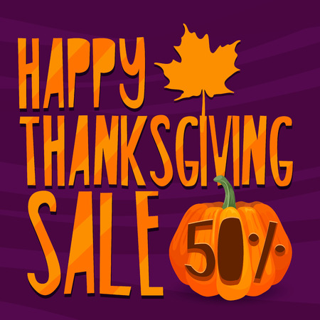 Design promotion for a happy Thanksgiving sale. Autumn poster thanksgiving discount with decoration orange pumpkin and autumn maple leaves.のイラスト素材