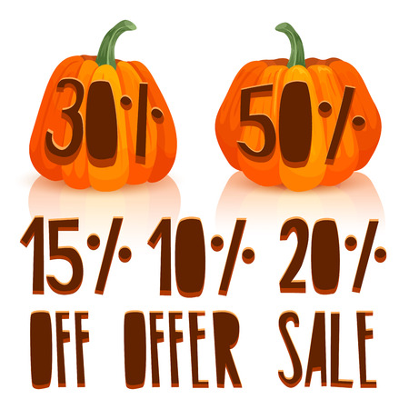 Carve a pumpkin for autumn sale. The design of orange pumpkins with percent discounts. Set pumpkin for autumn offer.のイラスト素材