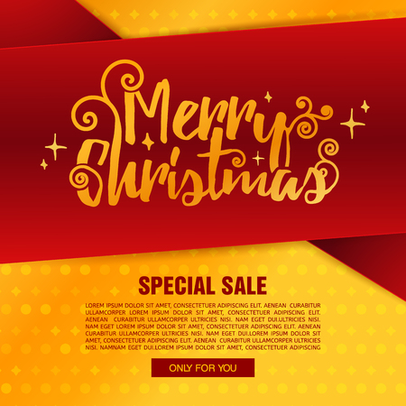 Template design Merry Christmas banner. Happy holiday brochure with decoration tape for xmas sale. Poster shiny gold background for a new year offer.のイラスト素材