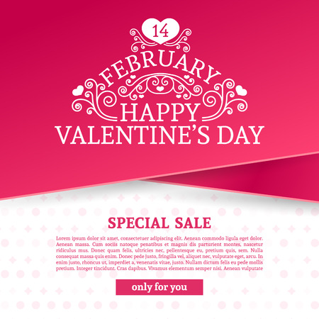 Template design Valentine banner. Happy valentines  day brochure with decoration  pink tape for sale. Romantic poster with swirl love vintage logo and heart decoration for holiday offer. Vector.のイラスト素材