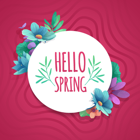 Round banner with the  Hello Spring logo.  Card for spring season with white frame and herb. Promotion offer with spring plants, leaves and flowers decoration on pink background.  Vectorのイラスト素材