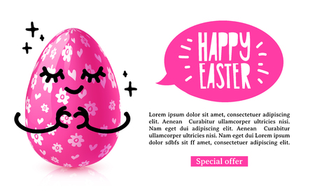 Template design horiznotal banner for Happy easter. Invitation for Easter with  cute pink egg with emotional emoji.  Vector.のイラスト素材