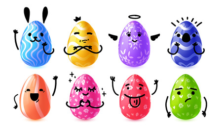 Set design emotional eggs for Happy Easter. Collection happy, rabbit, cute  character Easter Egg for banner, card, invitation egg hunt. Vector.のイラスト素材