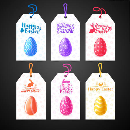 Set of price tags for easter. Template for the design of cards for the spring holiday of Happy Easter. Decor egg with floral pattern. Logos with silhouettes of rabbit, chick and plant. Vector.のイラスト素材